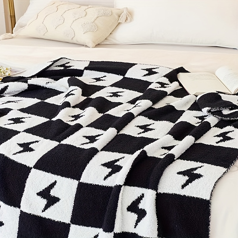 portable ultra soft cozy buffalo checkerboard lightning pattern fluffy microfiber knitted baby blanket lightweight fleece checkered blanket for sofa couch bed both sides camping backpacking details 5