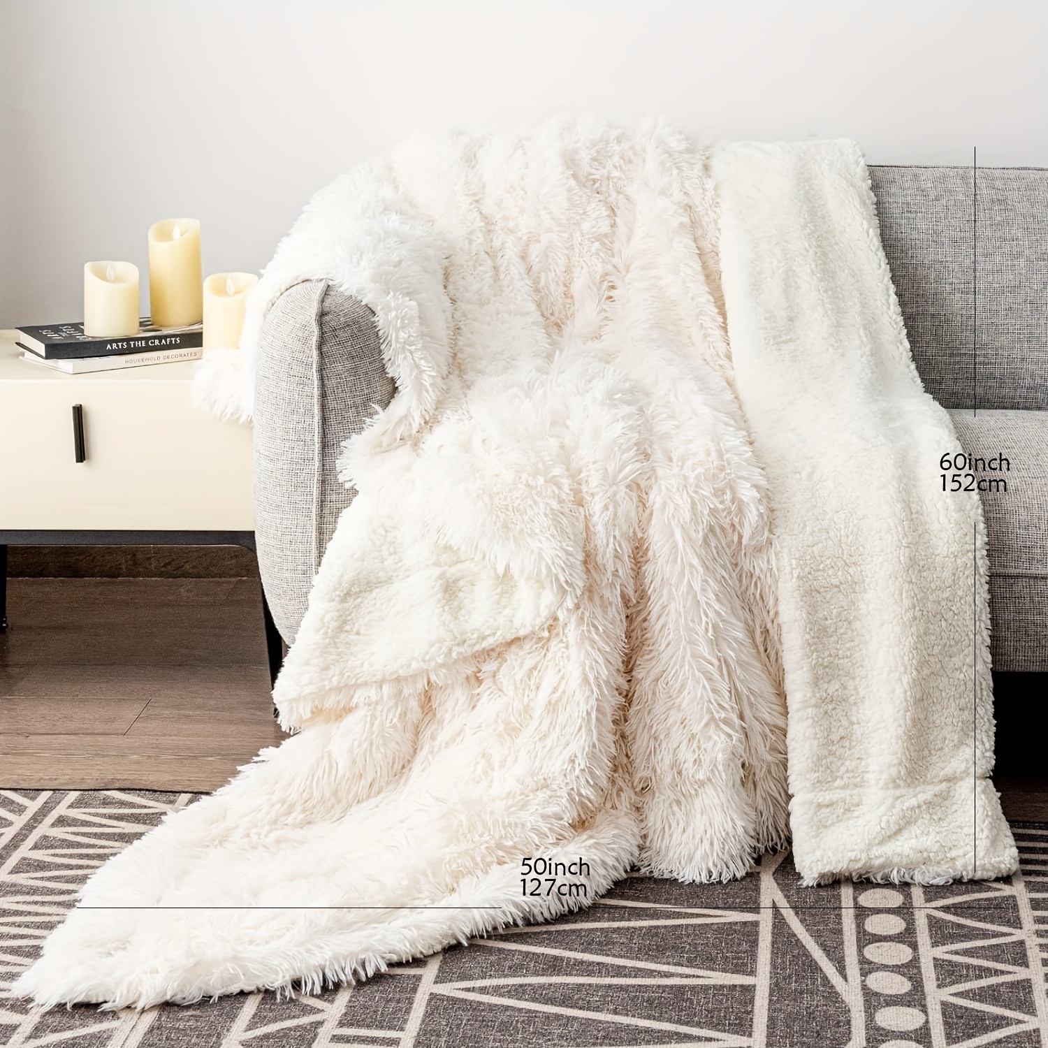 1pcs faux fur throw blankets 50x60 inches 127 152cm soft fuzzy plush sherpa blankets for sofa couch and bed long hair blanket cream details 0