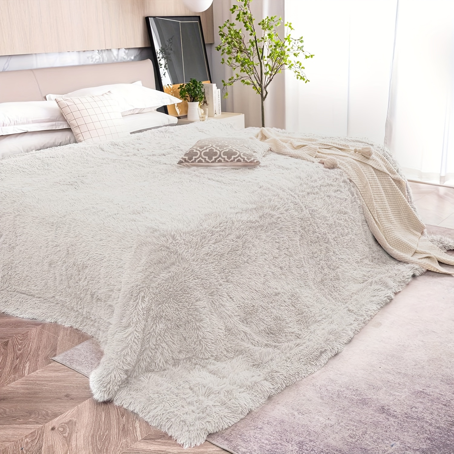 1pcs faux fur throw blankets 50x60 inches 127 152cm soft fuzzy plush sherpa blankets for sofa couch and bed long hair blanket cream details 1