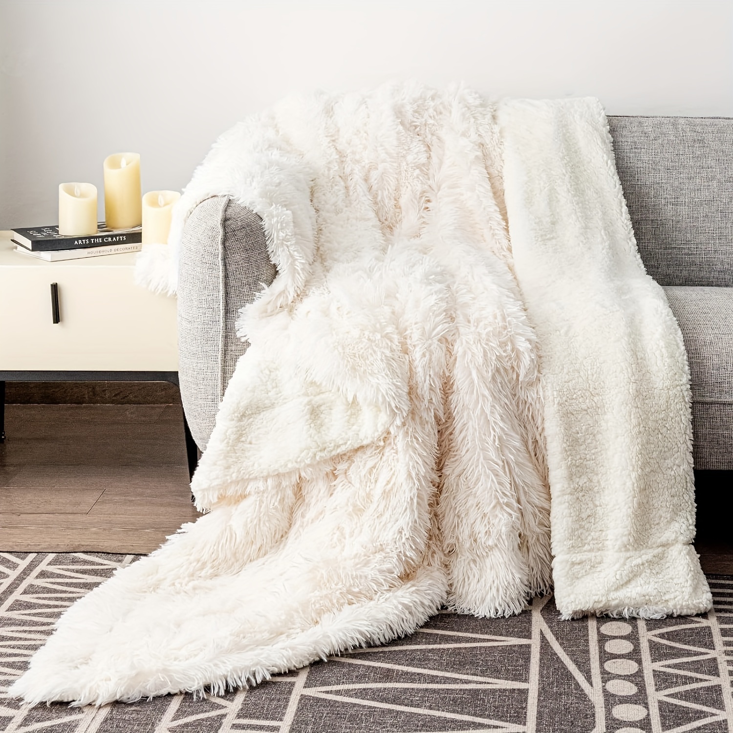 1pcs faux fur throw blankets 50x60 inches 127 152cm soft fuzzy plush sherpa blankets for sofa couch and bed long hair blanket cream details 2