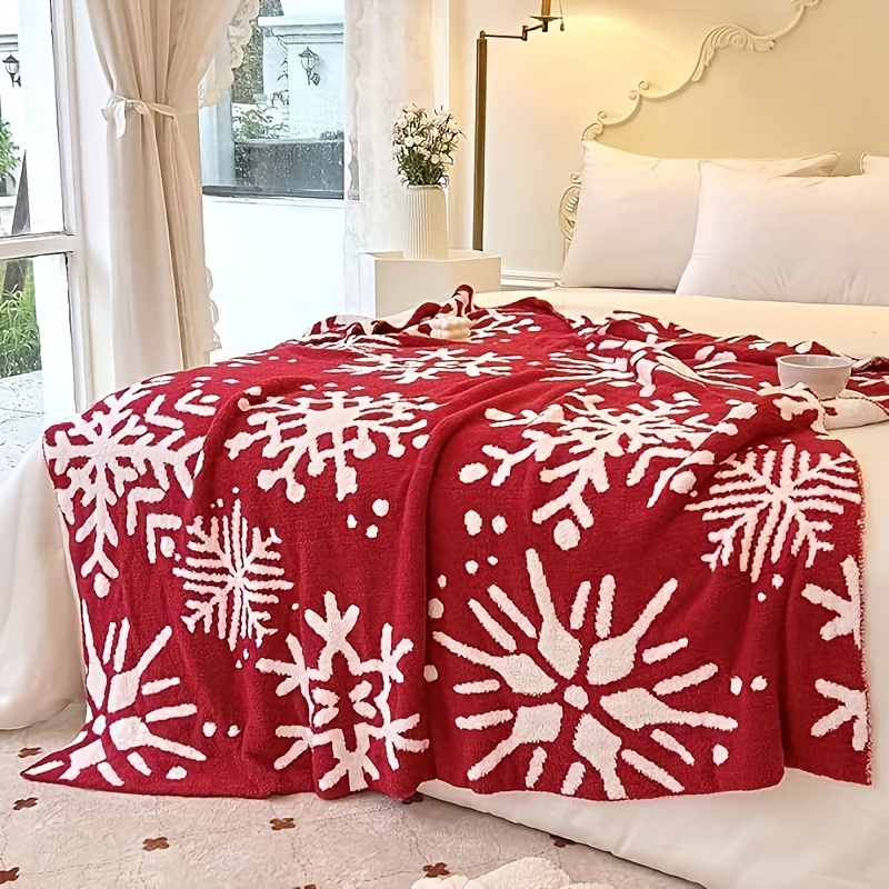   super soft and comfortable red snowflake blanket lightweight wool fluffy microfiber knitted blanket home decor bed sofa available all year round details 1