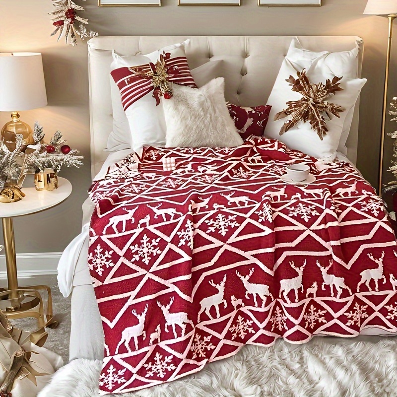   super soft and comfortable plush geometric snowflake deer elk blanket lightweight wool fluffy microfiber knitted blanket easy and convenient home decor sofa bed details 0