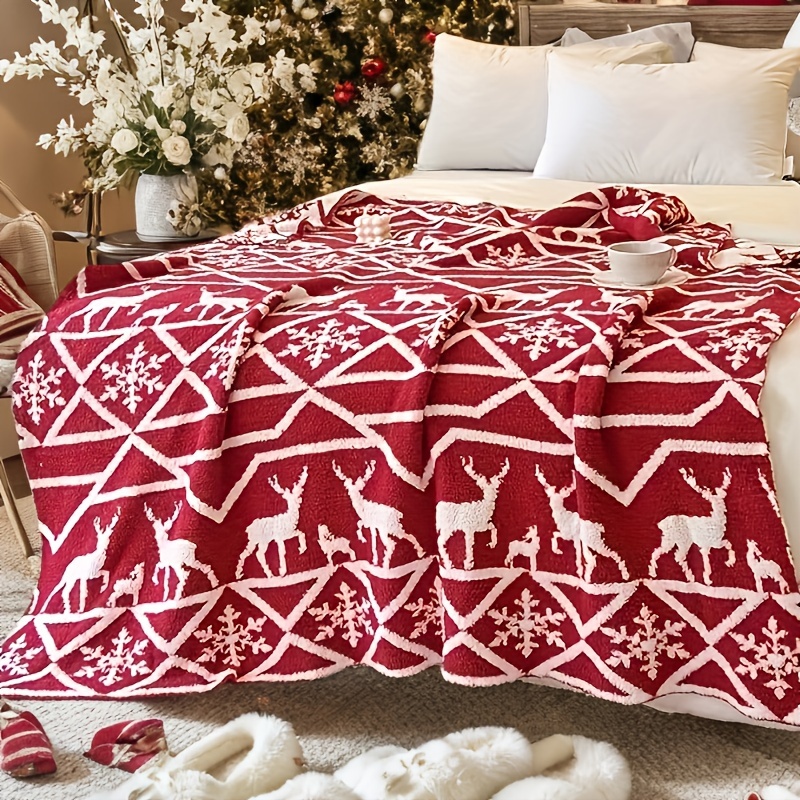   super soft and comfortable plush geometric snowflake deer elk blanket lightweight wool fluffy microfiber knitted blanket easy and convenient home decor sofa bed details 1