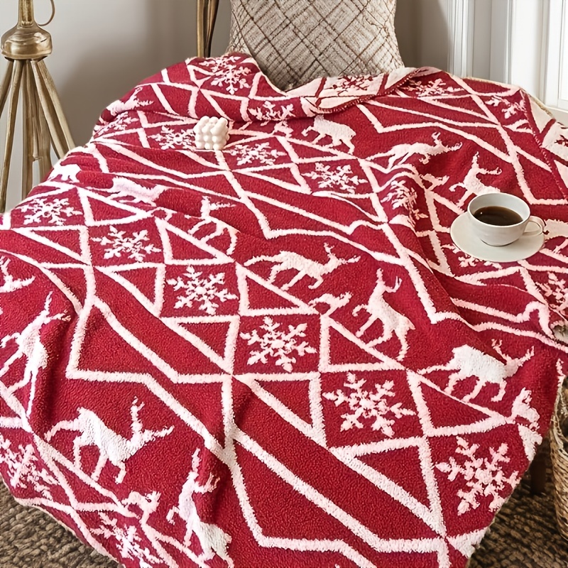   super soft and comfortable plush geometric snowflake deer elk blanket lightweight wool fluffy microfiber knitted blanket easy and convenient home decor sofa bed details 2