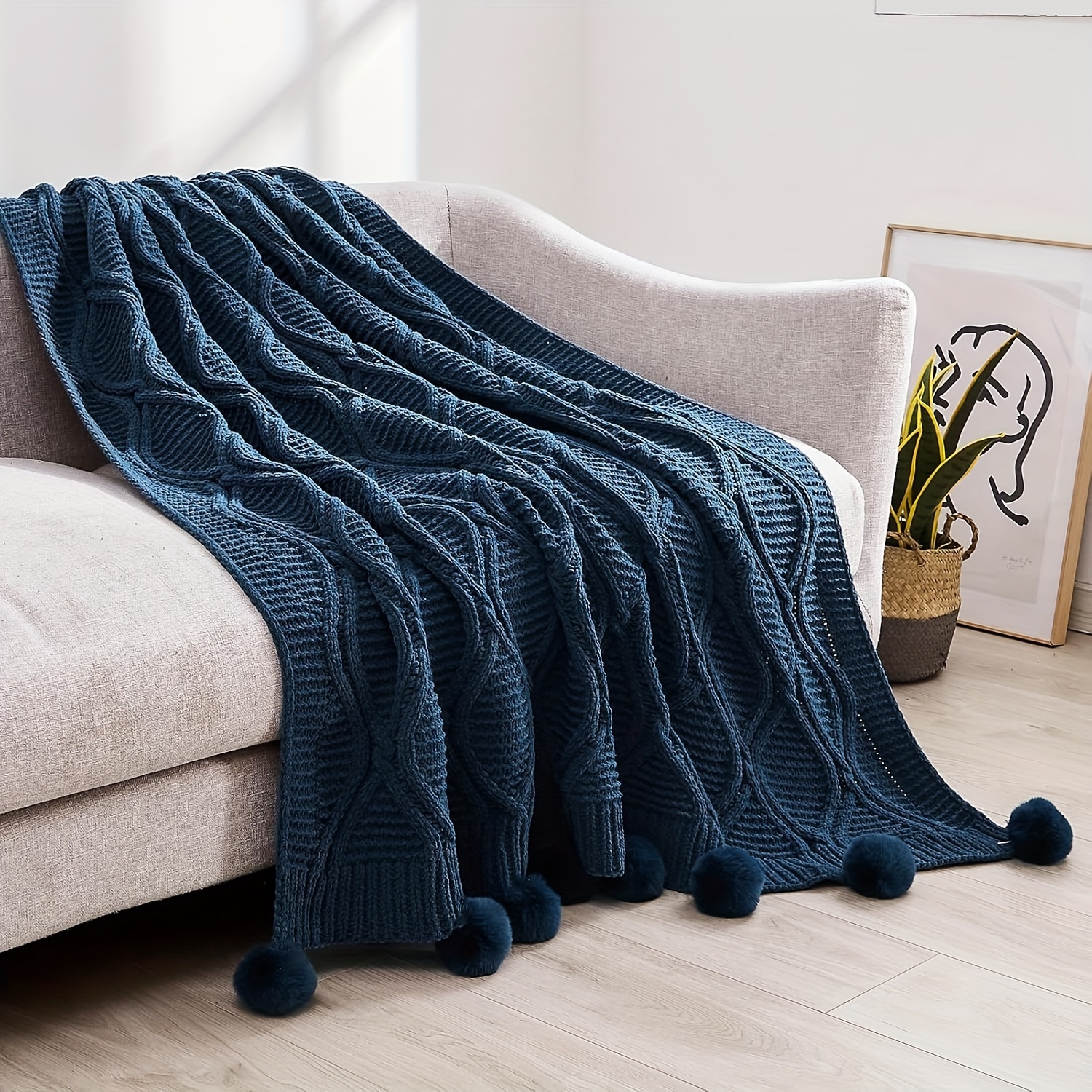 1pc knitted throw blanket with pom poms thick soft big cozy throw blankets for couch bed sofa chair details 2