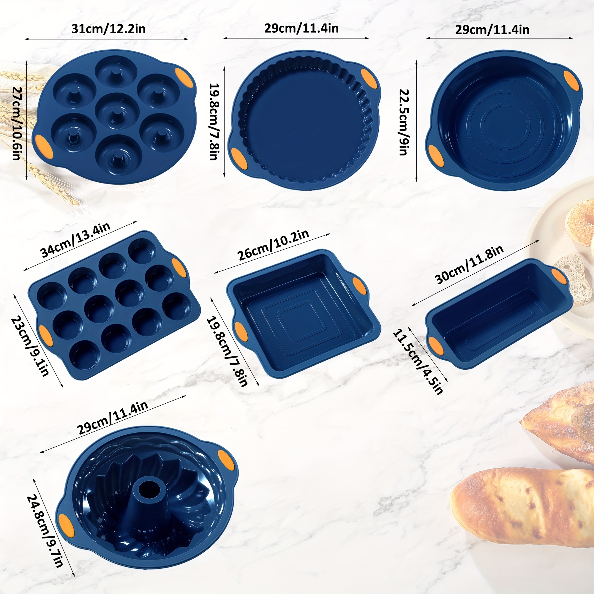 31 pieces silicone baking pans set nonstick bakeware sets muffin pan donut bread pizza chiffon cake pan bpa free silicone molds with metal reinforced frame more strength 6 shapes cupcake molds navy blue details 0