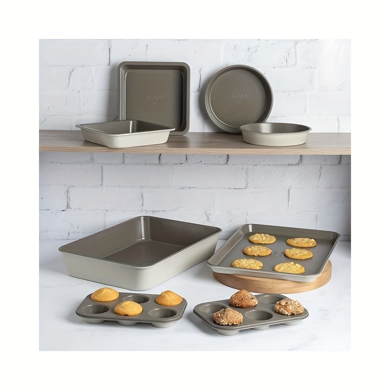 all in one nonstick bakeware set stackable and space saving design includes round and   pans muffin pans cookie sheet and roaster dishwasher safe 8 piece details 0