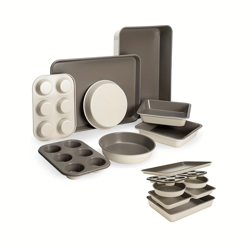 all in one nonstick bakeware set stackable and space saving design includes round and   pans muffin pans cookie sheet and roaster dishwasher safe 8 piece details 1