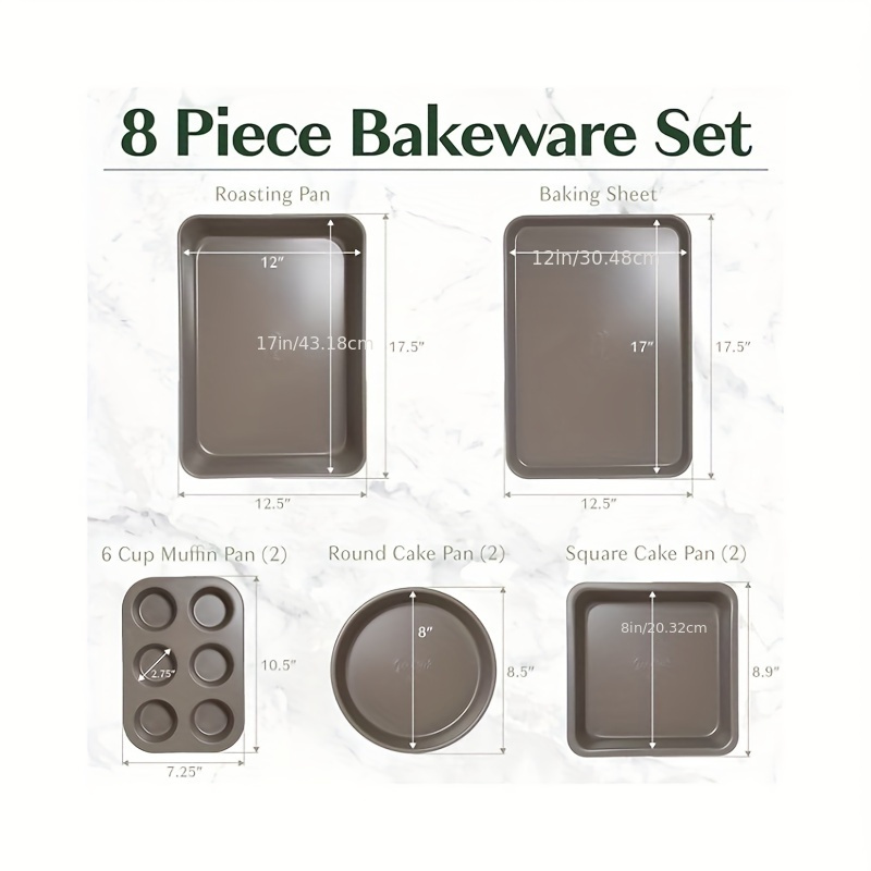 all in one nonstick bakeware set stackable and space saving design includes round and   pans muffin pans cookie sheet and roaster dishwasher safe 8 piece details 2