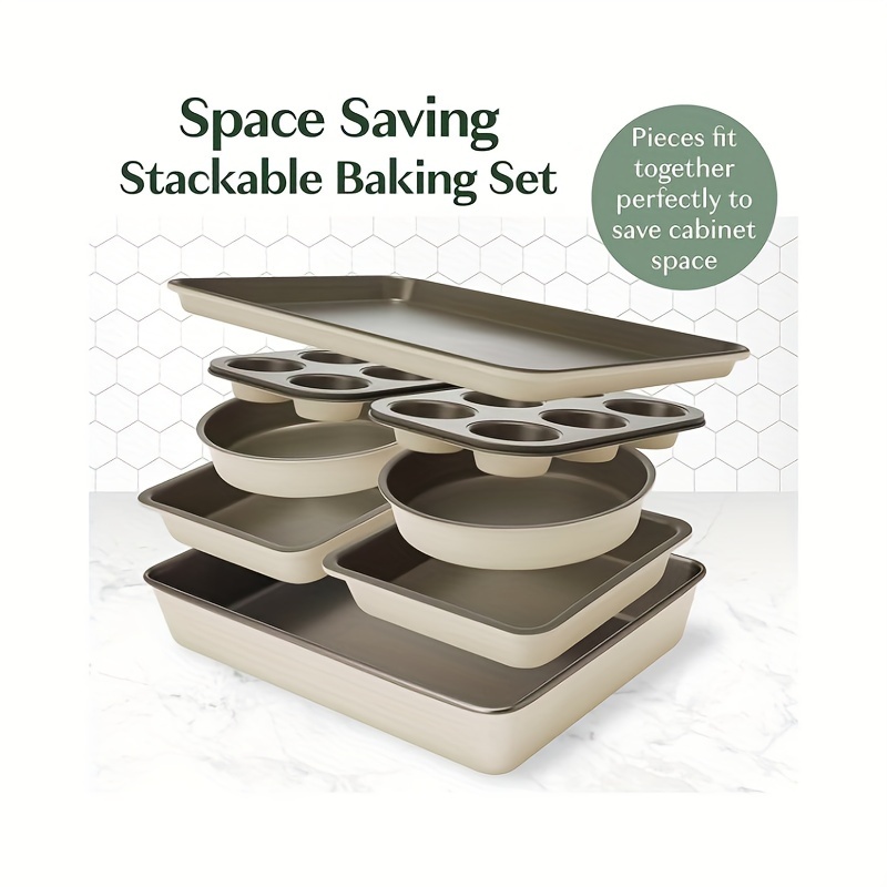 all in one nonstick bakeware set stackable and space saving design includes round and   pans muffin pans cookie sheet and roaster dishwasher safe 8 piece details 4