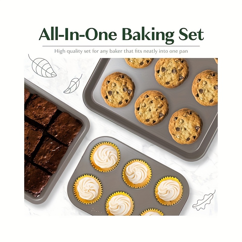 all in one nonstick bakeware set stackable and space saving design includes round and   pans muffin pans cookie sheet and roaster dishwasher safe 8 piece details 6