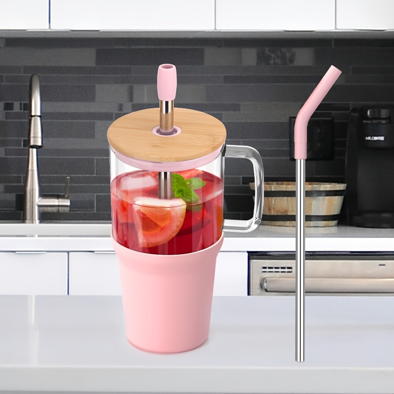 36 oz glass tumbler with handle iced coffee mug with bamboo lid lid and stainless steel straw reusable clear glass mug with silicone bumper for car cup holders bpa free pink details 4