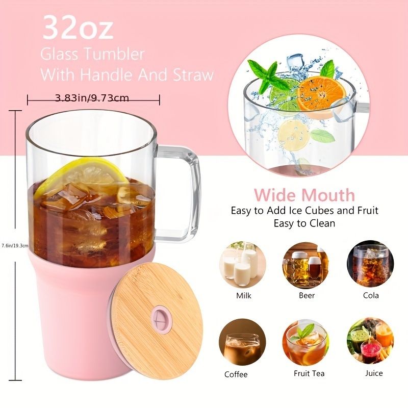 36 oz glass tumbler with handle iced coffee mug with bamboo lid lid and stainless steel straw reusable clear glass mug with silicone bumper for car cup holders bpa free pink details 5