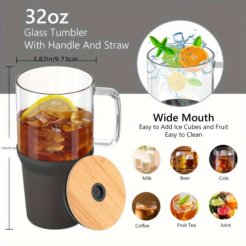 36 oz glass tumbler with handle iced coffee mug with bamboo lid lid and stainless steel straw reusable clear glass mug with silicone bumper for car cup holders bpa free black details 2