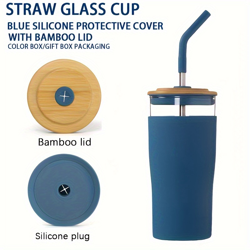 chic 600ml glass tumbler with stainless steel straw blue sleeve heat resistant reusable coffee cup for all seasons perfect gift box included details 1