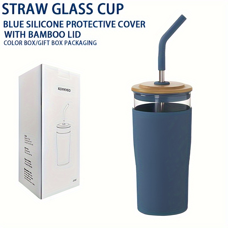 chic 600ml glass tumbler with stainless steel straw blue sleeve heat resistant reusable coffee cup for all seasons perfect gift box included details 4