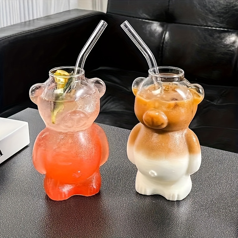 4pcs of 10 93oz with 4 straws and a brush insulated cute teddy bear glass cup multi purpose latte juice milk water hand wash only reusable high footed glass beverage container details 0