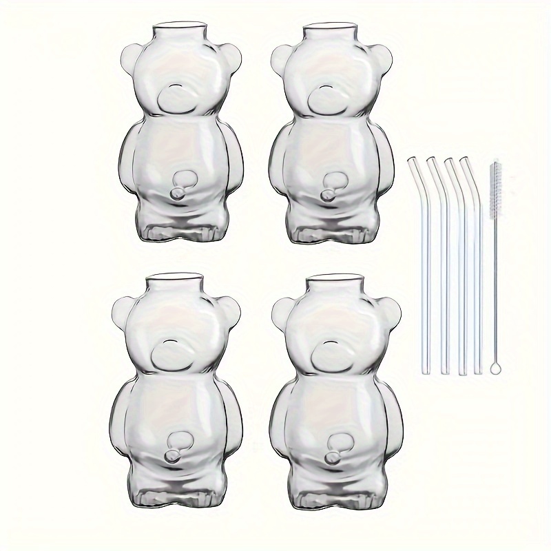 4pcs of 10 93oz with 4 straws and a brush insulated cute teddy bear glass cup multi purpose latte juice milk water hand wash only reusable high footed glass beverage container details 5