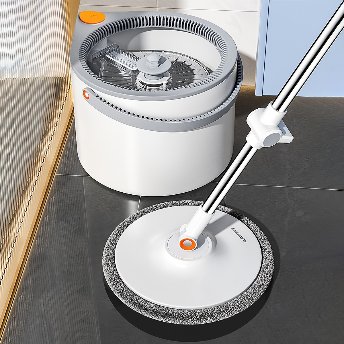 spin mop and   includes three types mop heads dual compartment mop bucket and thick washable microfiber mop pads details 0