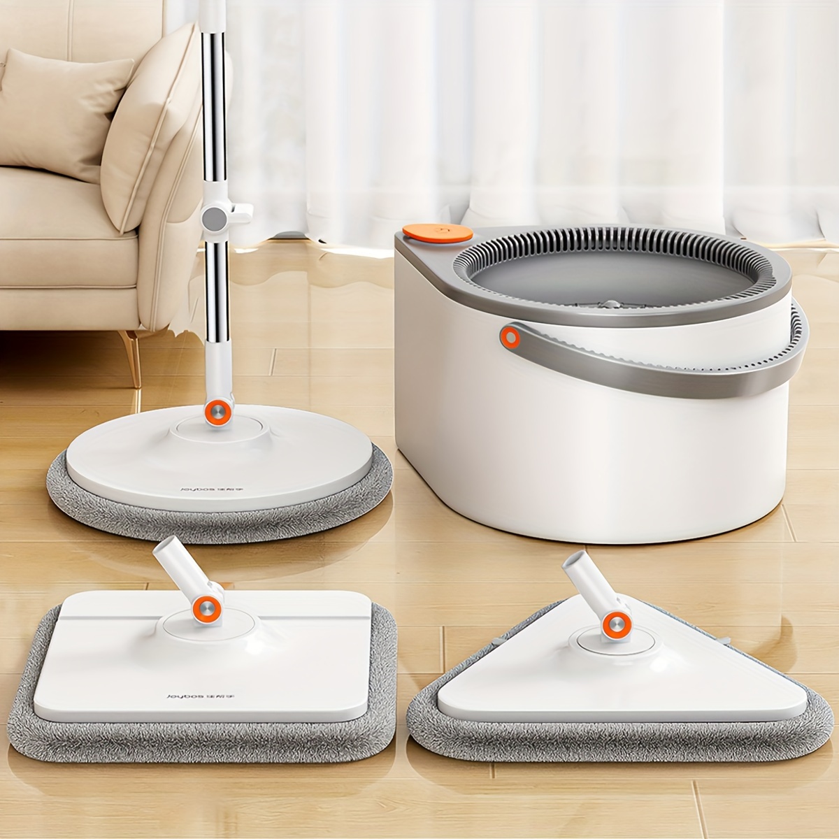 spin mop and   includes three types mop heads dual compartment mop bucket and thick washable microfiber mop pads details 3