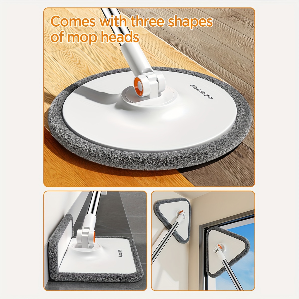 spin mop and   includes three types mop heads dual compartment mop bucket and thick washable microfiber mop pads details 7